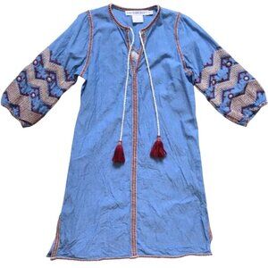 Gretchen Scott Odessa Shift Dress Embroidered Tassel Tie Elbow Sleeve Size S